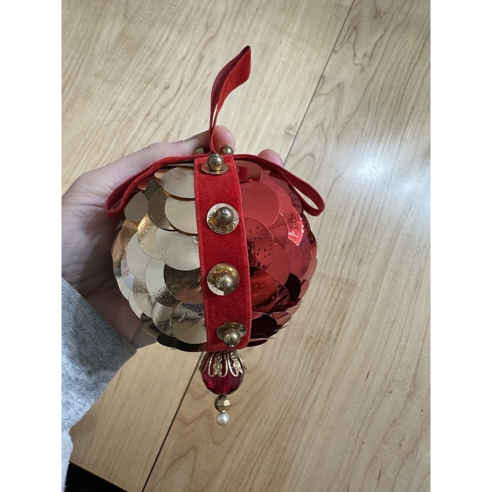 Vintage Handmade Sequin Christmas Ball Ornament Red Gold Push Pin Holiday Decor